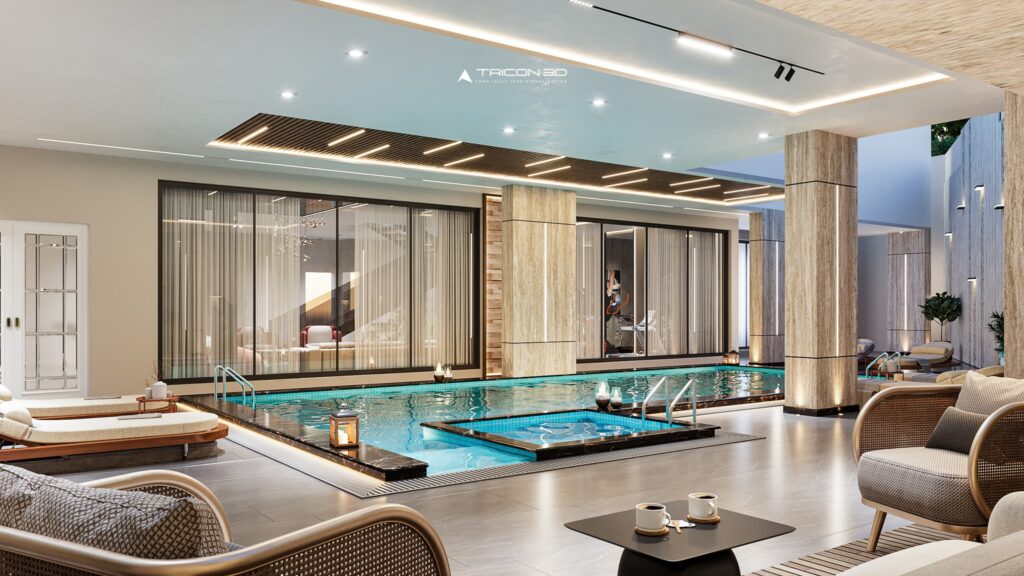 the apartment with interior visualization view with swimming pool. written interior visualization