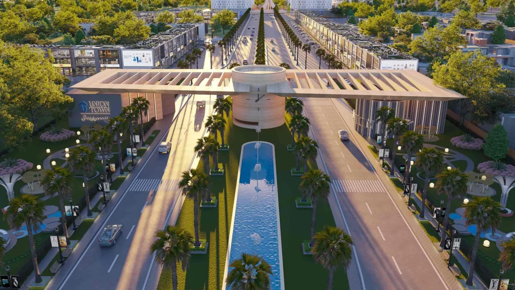 Union Town Lahore entrance gate and main boulevard architectural rendering