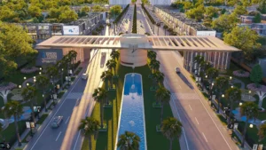 Union Town Lahore entrance gate and main boulevard architectural rendering