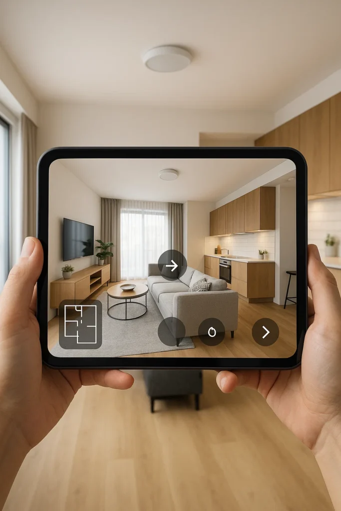  Hands holding a tablet displaying a virtual property tour of a modern living room and kitchen, showcasing 3D architectural visualization technology in real estate.