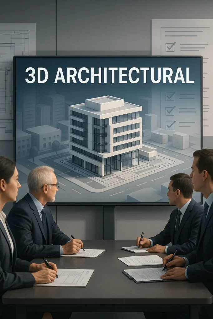 Business professionals in a boardroom reviewing a 3D architectural model of a modern building displayed on a large screen, symbolizing project approvals through architectural visualization.