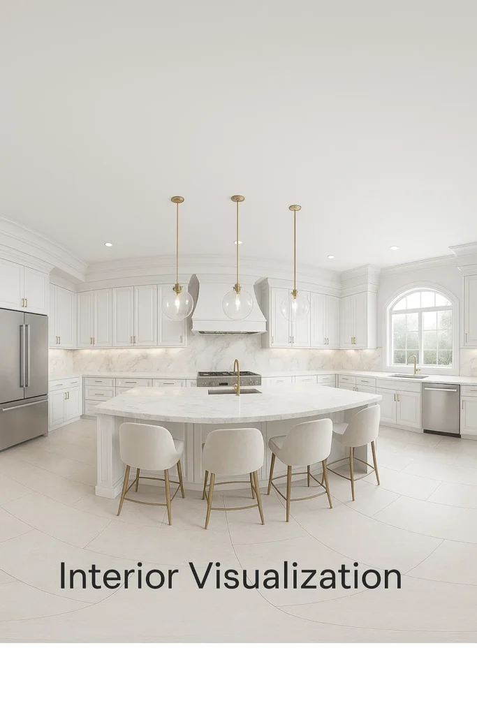 Photorealistic 3D rendering of a luxurious white kitchen interior featuring an oval marble island with gold-accented chairs, pendant lighting, and white cabinetry with gold handles, showcasing interior visualization design.