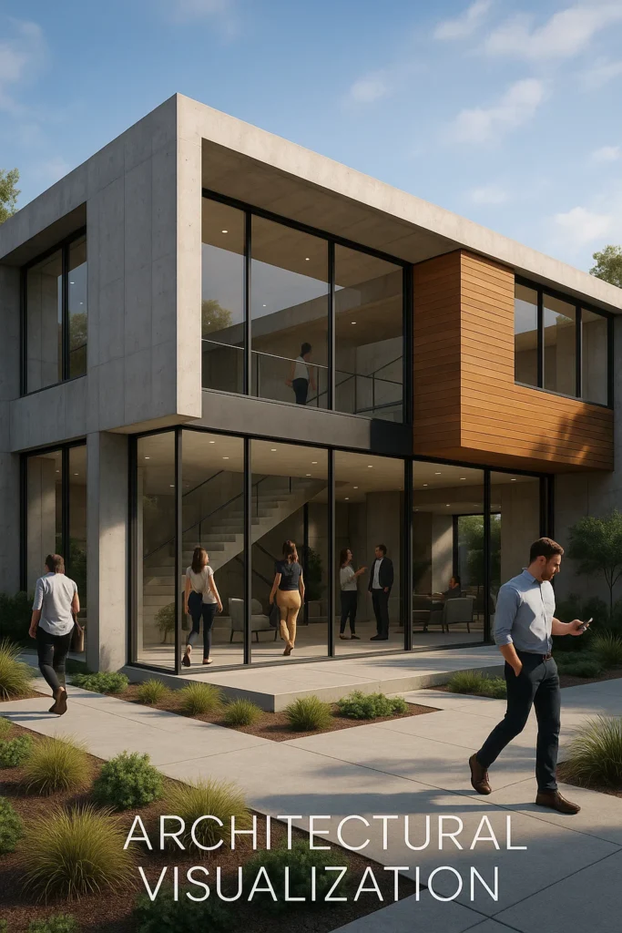 Photorealistic 3D architectural visualization of a modern office building with large glass windows, concrete and wood facade, and people walking around the entrance.