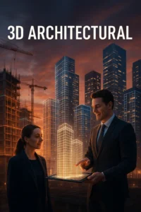 A real estate agent and a client discuss a glowing 3D Architectural model of high-rise buildings displayed on a digital tablet, set against a futuristic city skyline with cranes and illuminated skyscrapers at sunset.
