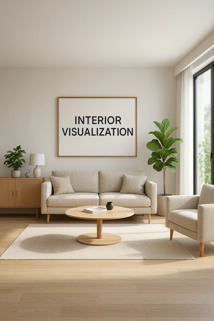 hotorealistic 3D-rendered modern living room featuring neutral-toned furniture, wooden flooring, indoor plants, and large framed wall art with the text “Interior Visualization.”