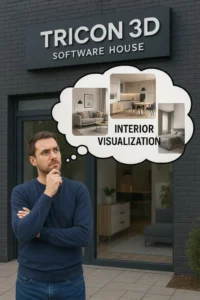 a man standing in front of software house whose name is Tricon 3d is thinking about internal visualization. add some features of internal visualization around that man.
