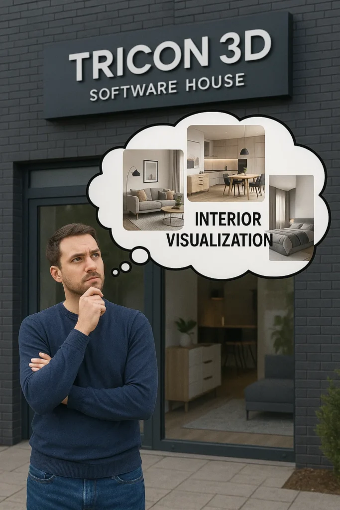 a man standing in front of software house whose name is Tricon 3d is thinking about internal visualization. add some features of internal visualization around that man.