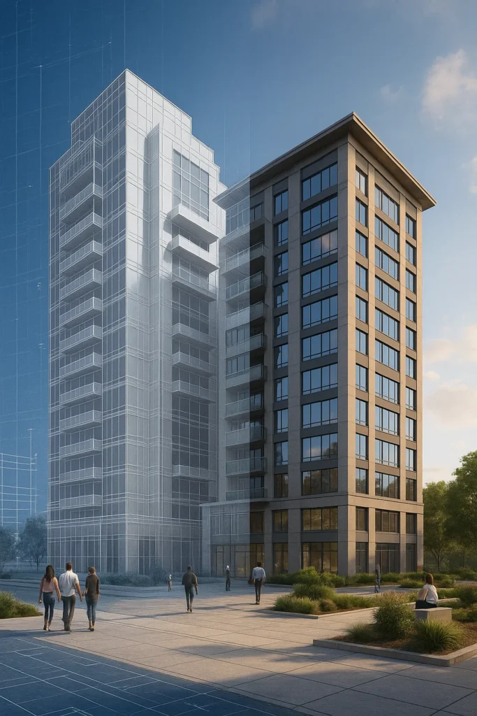 3D architectural visualization of a modern high-rise building, transitioning from a wireframe model on the left to a fully rendered, photorealistic structure on the right, symbolizing the transformation of real estate through digital design.