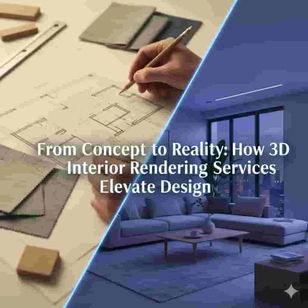 3D interior rendering showing transition from sketch to realistic design.