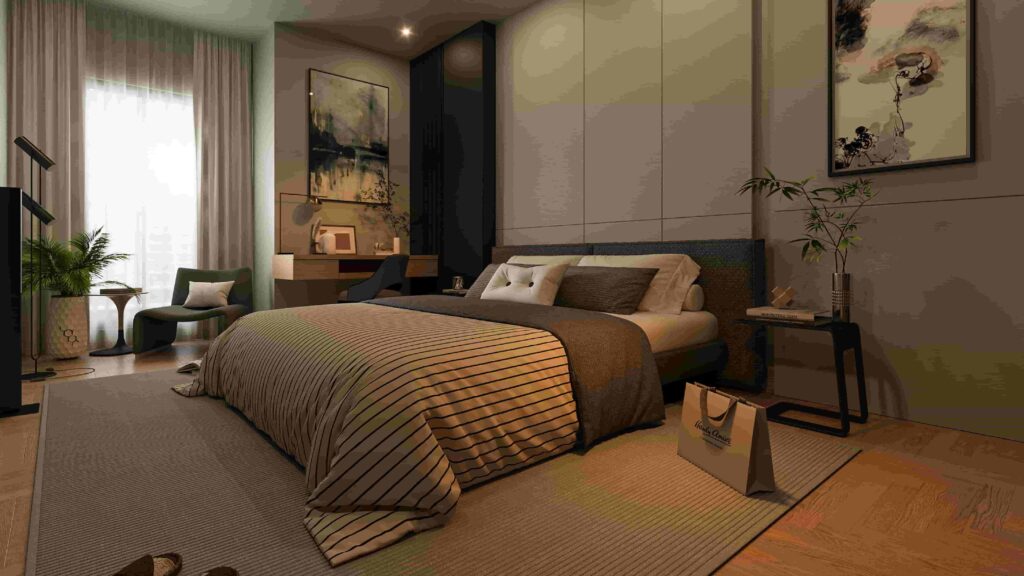 Interior rendering created by an architectural visualization company displaying a luxury living room with furniture and decor