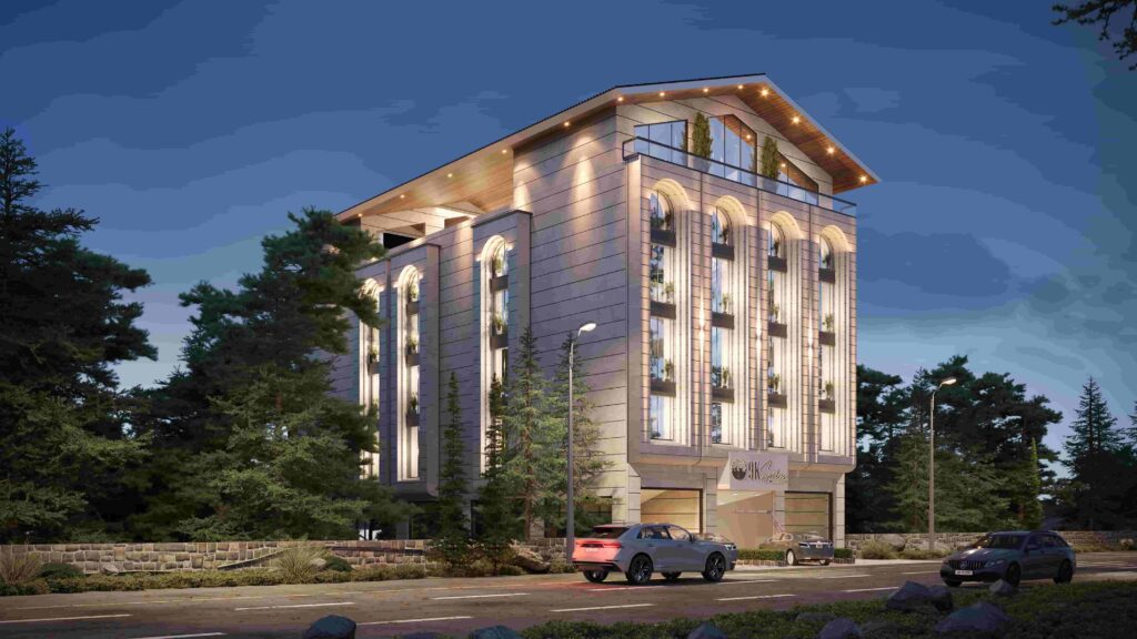 Real estate 3D rendering services for a high-rise apartment project with detailed façade and environment.