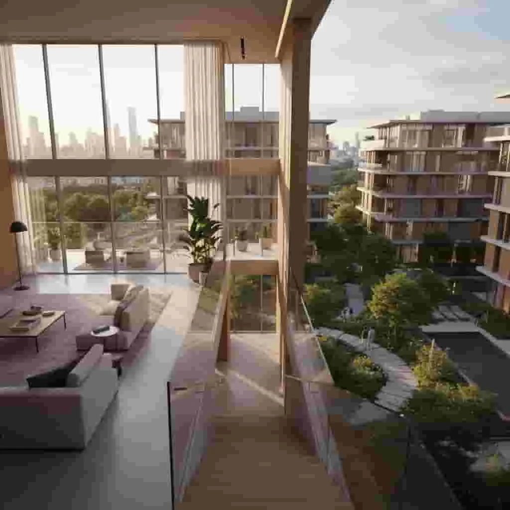 Modern living room with city view and balcony.