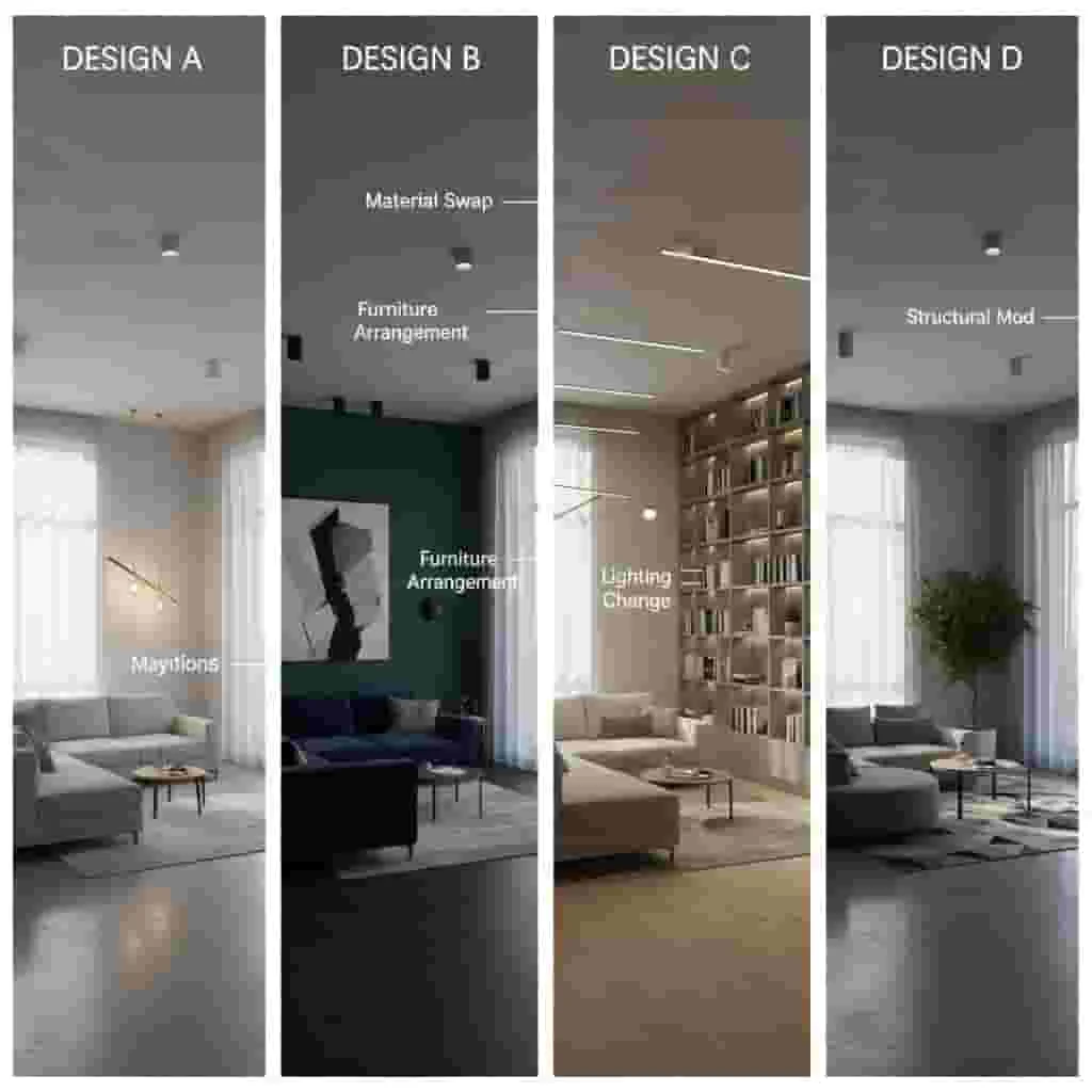 3D renderings comparing interior design alternatives.
