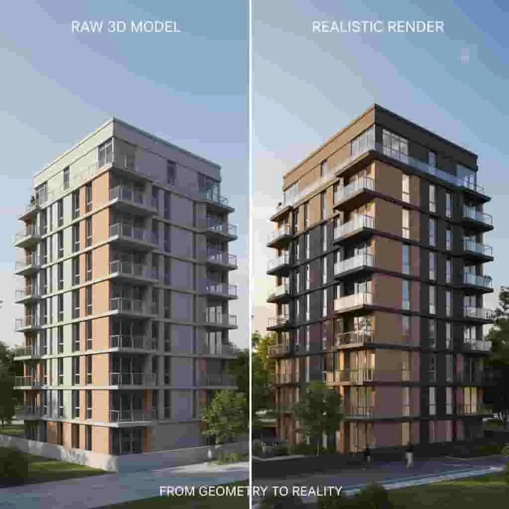 3D building model before and after applying realistic textures and lighting.