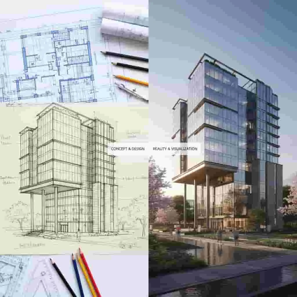 Architectural visualization showing transition from blueprint sketches to a photorealistic 3D building render.