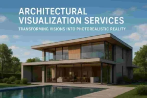 Modern two-story house rendered in photorealistic 3D