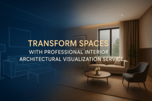 Transform Spaces with Professional Interior Architectural Visualization Services – a modern 3D rendering showcasing a stylish living room with realistic lighting, textures, and decor.