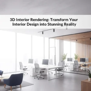 3D interior rendering of a modern office workspace featuring glass walls, natural light, and minimalistic design furniture.
