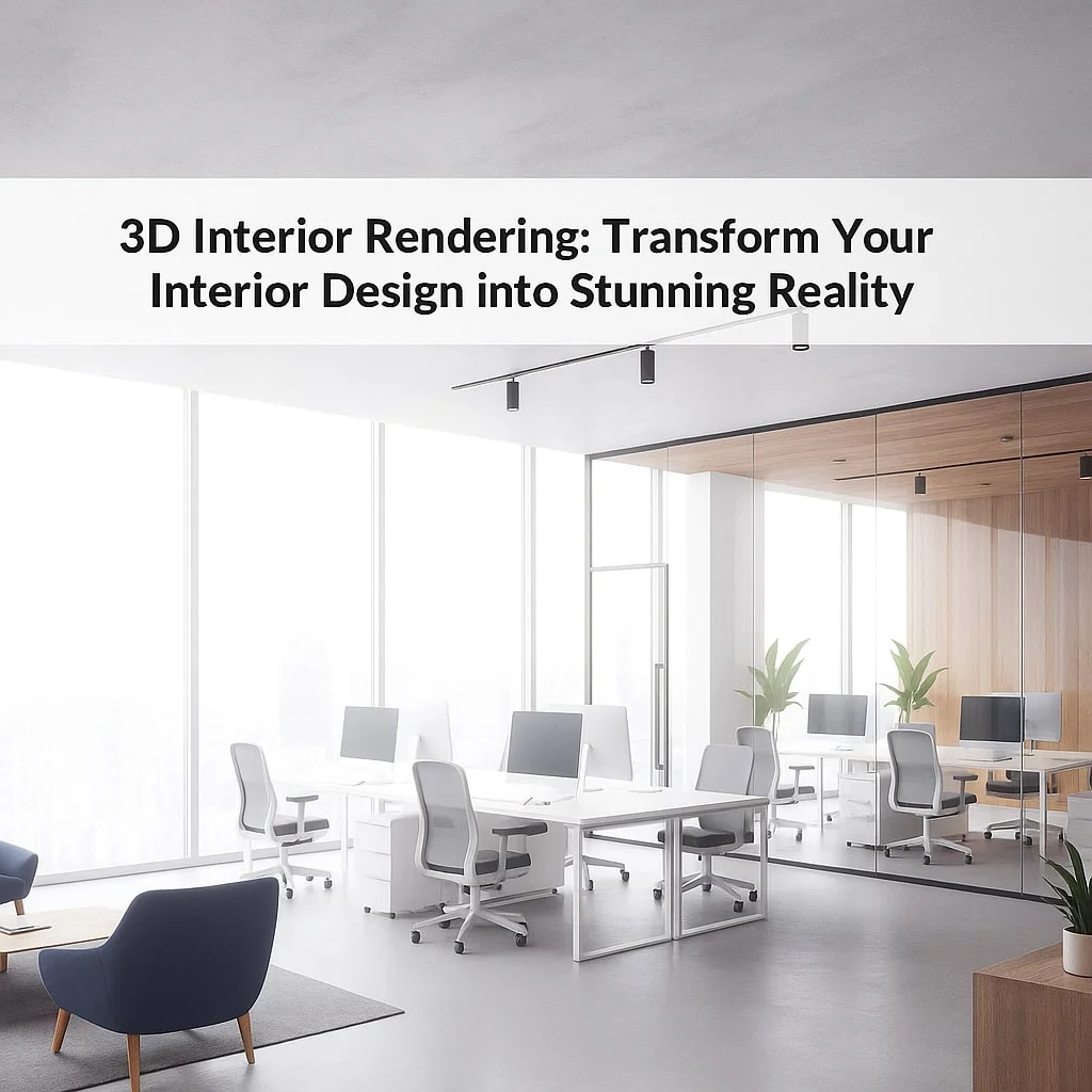 3D interior rendering of a modern office workspace featuring glass walls, natural light, and minimalistic design furniture.
