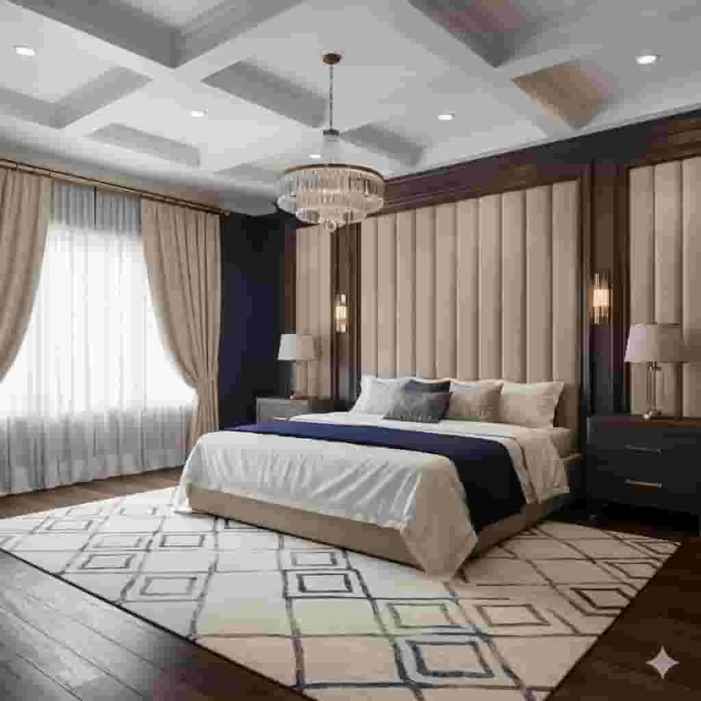 Detailed 3D interior bedroom rendering showing precise material specifications and design elements for construction coordination