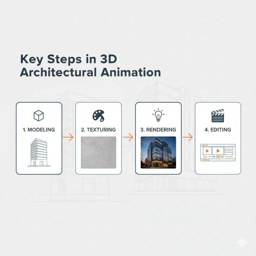 Step-by-step process of 3D architectural animation production.