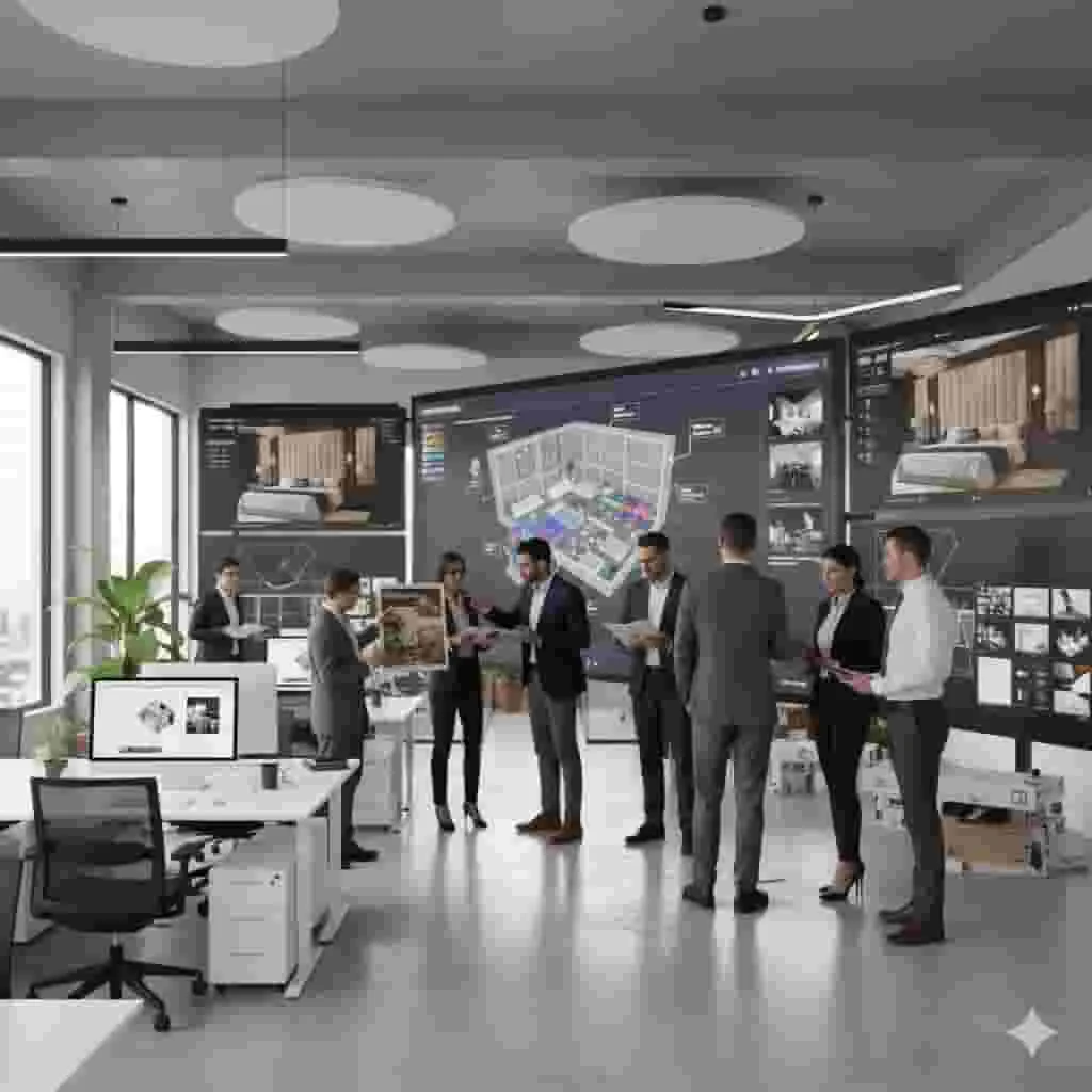Architects and executives collaborating on 3D office interior visualizations in a modern design studio.