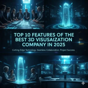 Best 3D Visualization Company in 2025" title on a tech-themed banner with glowing architectural graphics.