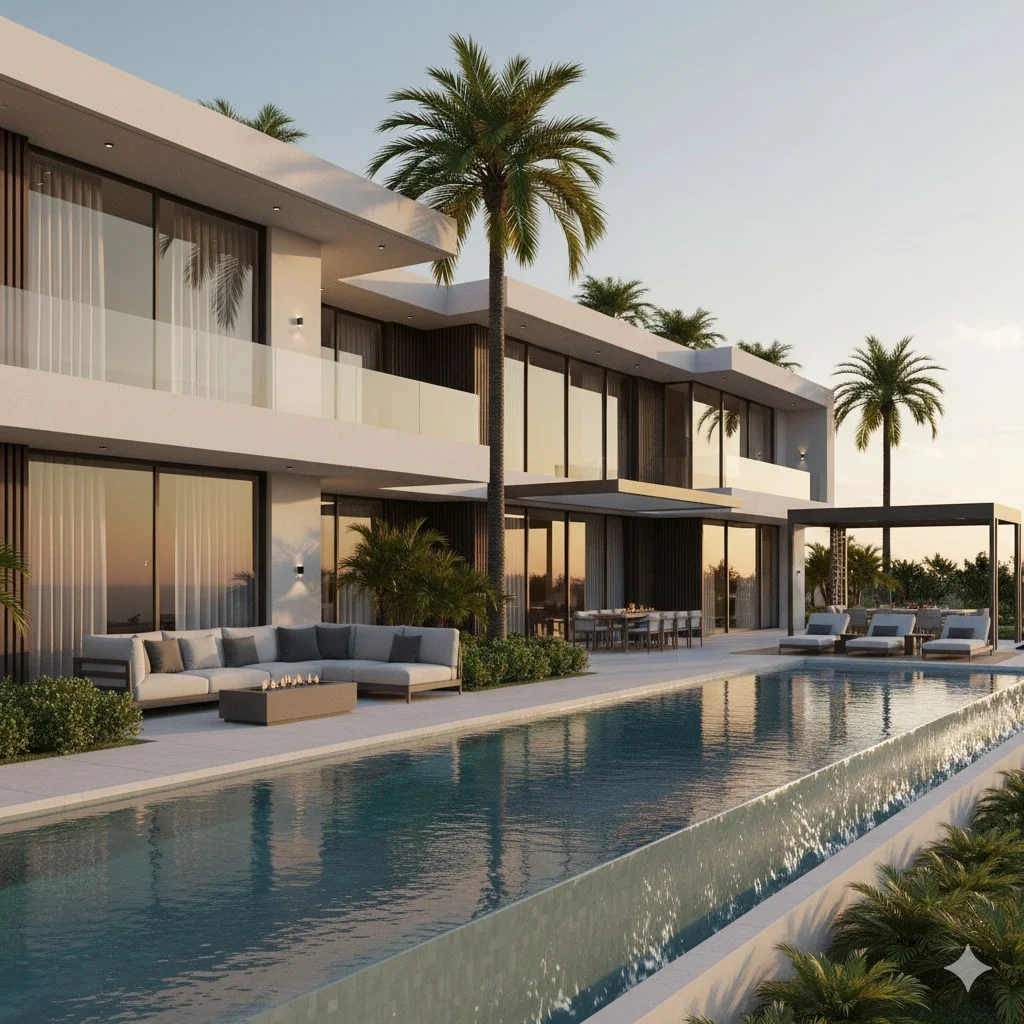 Stunning 3D exterior rendering of a luxury modern villa with an infinity pool, palm trees, and outdoor living spaces.