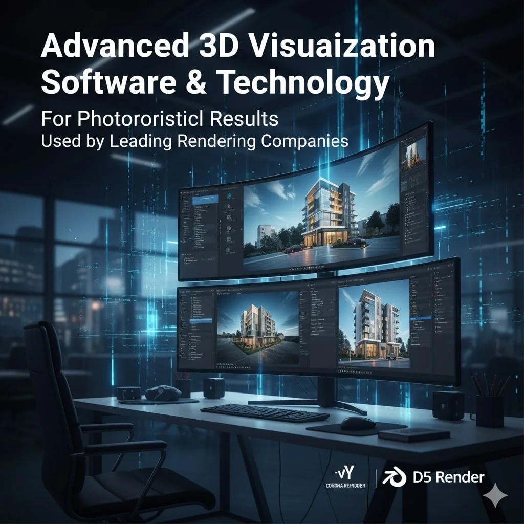 "Advanced 3D Visualization Software & Technology" over a workstation with dual monitors showing architectural renders and software logos.