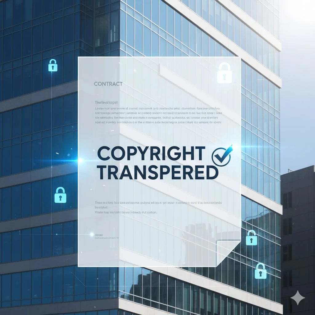  "COPYRIGHT TRANSFERRED" stamp on a digital document over a modern building, with lock icons.