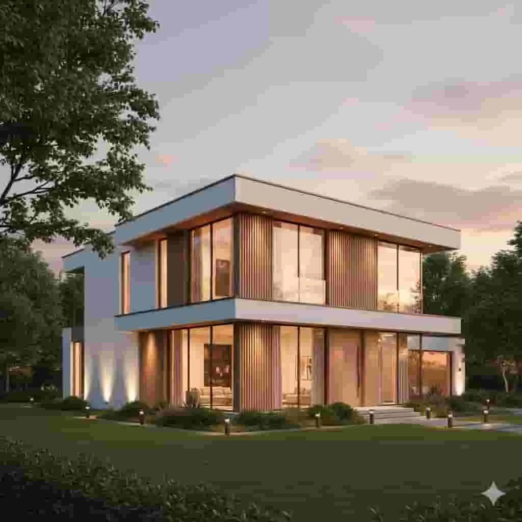Photorealistic 3D rendering of a modern luxury home exterior showcasing architectural details and landscaping