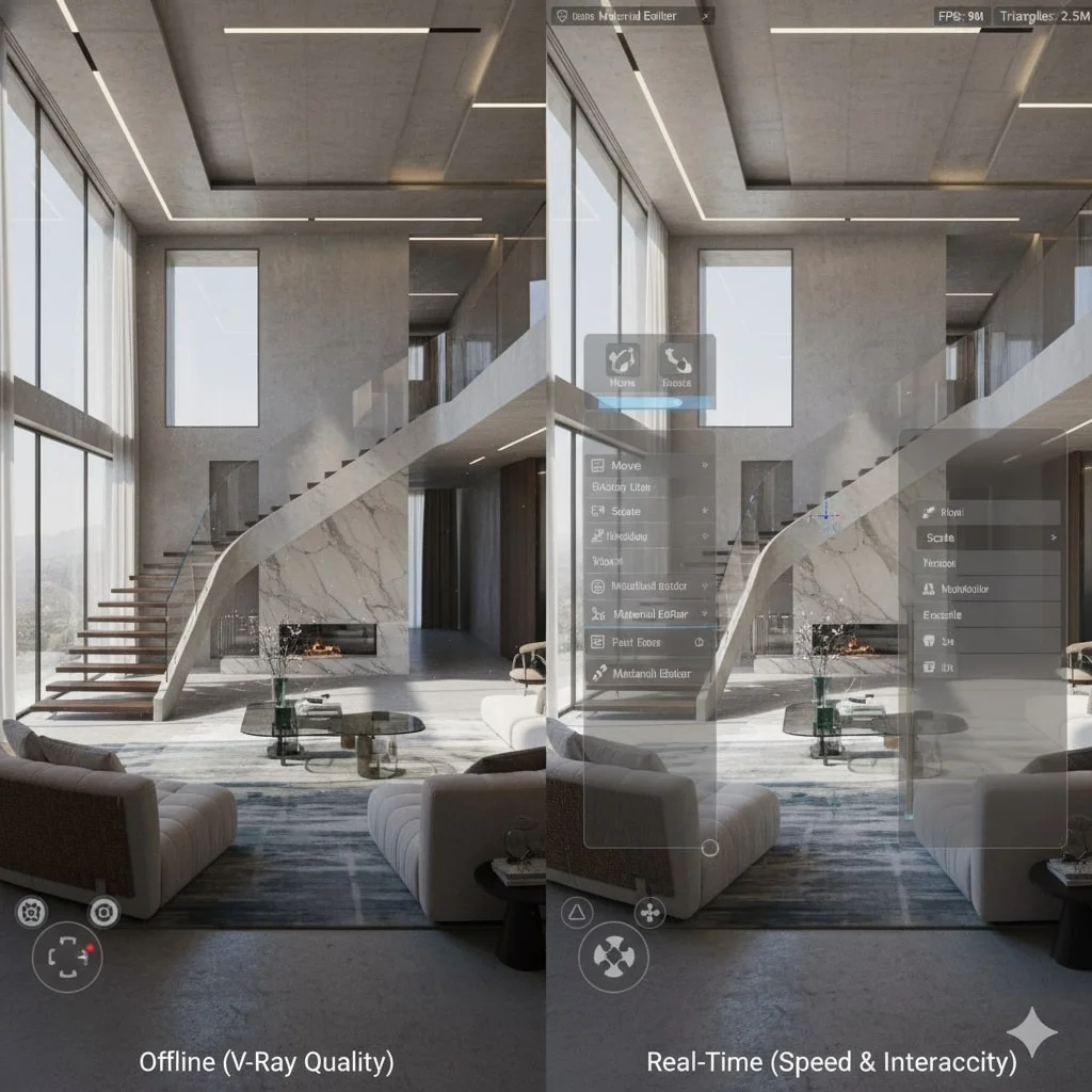 Comparison between offline V-Ray quality rendering and real-time 3D visualization of a modern living room interior.