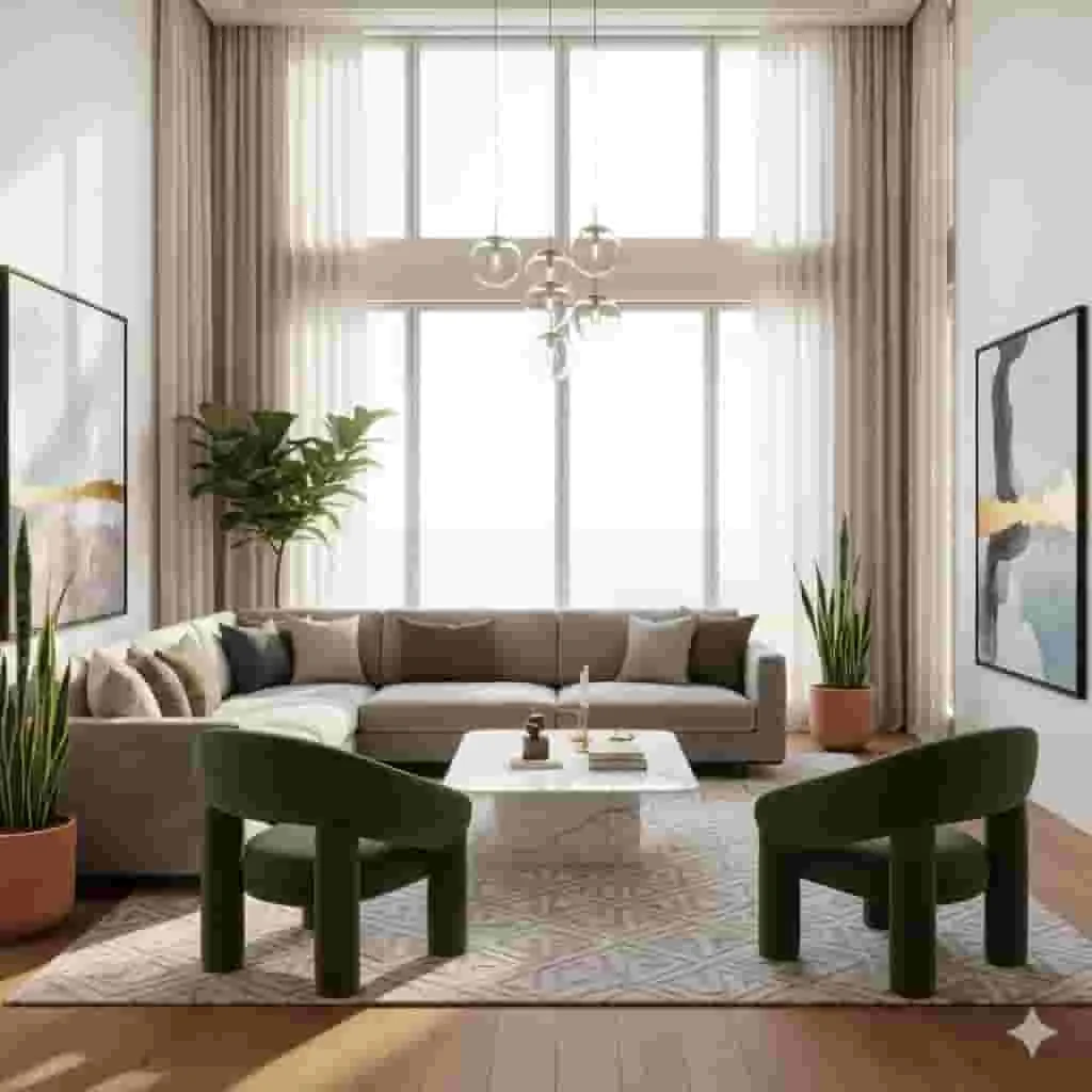 Photorealistic 3D interior rendering of a luxurious modern living room with designer furniture and natural lighting