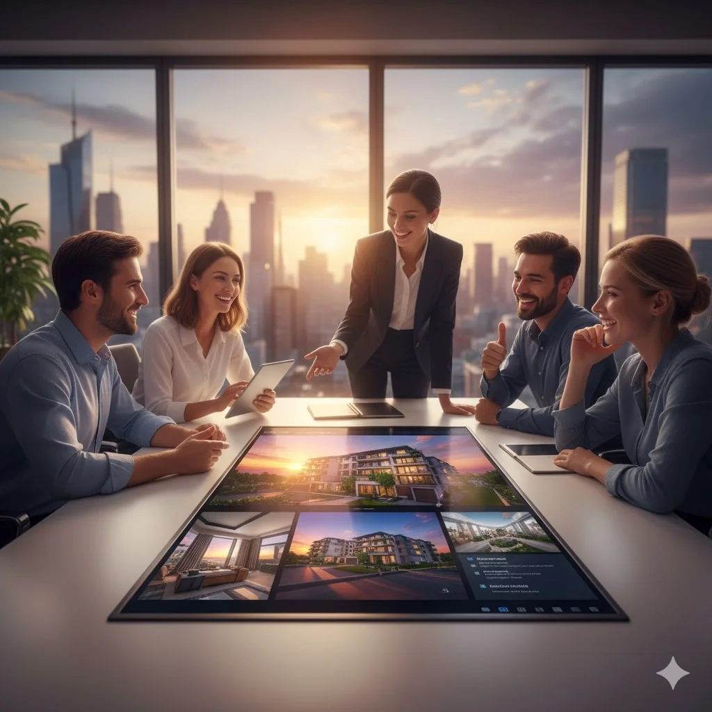 Satisfied clients review 3D architectural renderings on a digital table in a modern office with a city view.