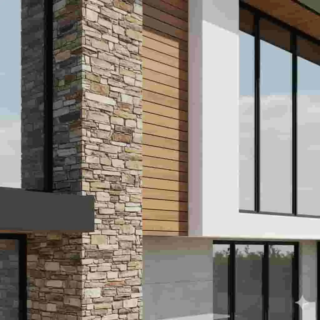 High-end residential facade 3D rendering displaying diverse material textures including stone, wood, glass, and metal finishes