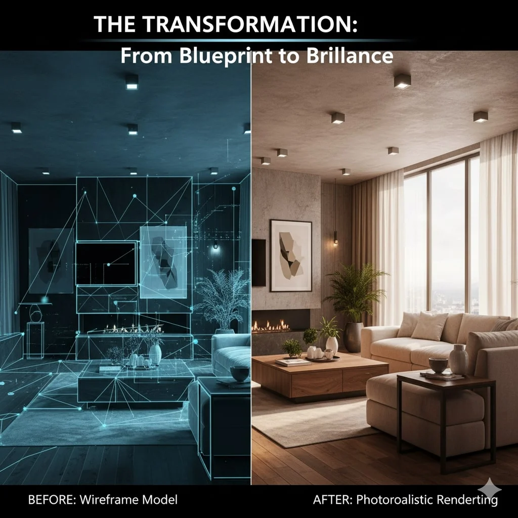 Architect exploring a 3D-rendered interior design using virtual reality technology.