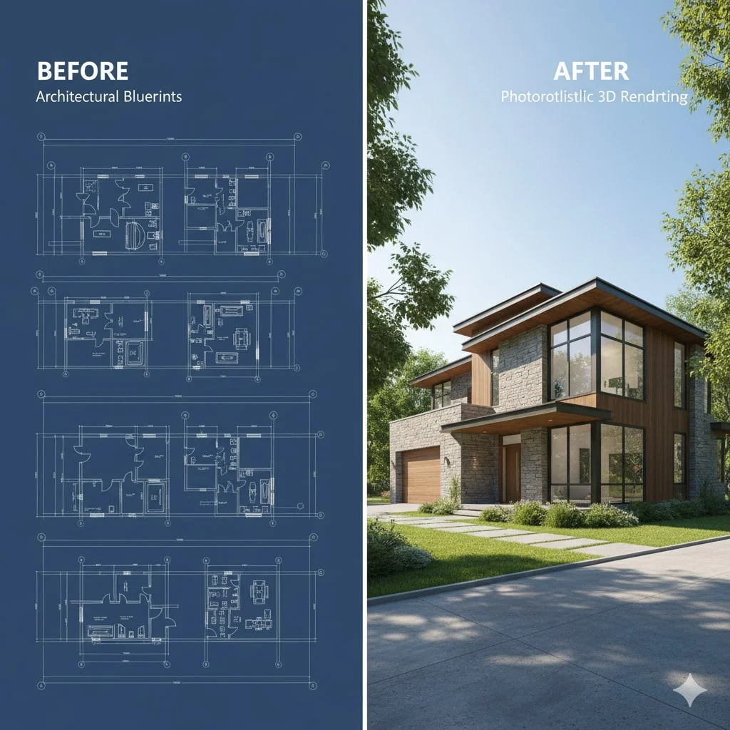 "Before" shows blueprints; "After" shows a photorealistic 3D rendering of the same modern house exterior.