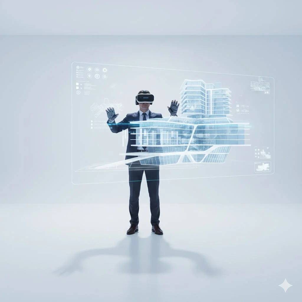 A person in a suit and VR headset interacts with a holographic 3D building model and data panels in a white room.