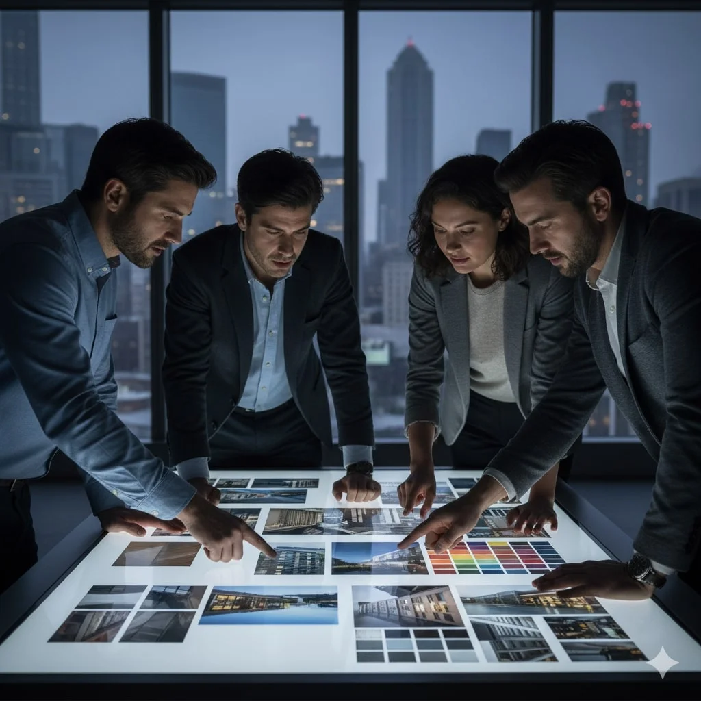 Diverse team and client interact with a digital mood board on a touch-screen table.