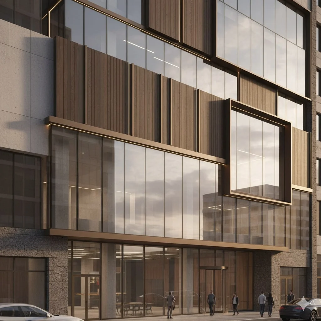 Detailed 3D exterior rendering of a modern commercial building facade, showing realistic textures of concrete, glass, and metal.