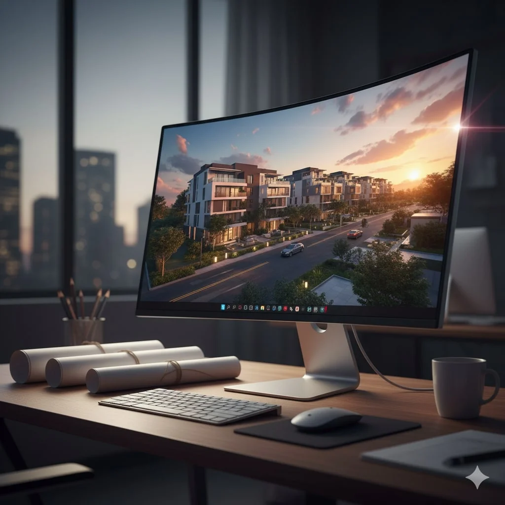 3D animation displayed on laptop used in property marketing presentation.