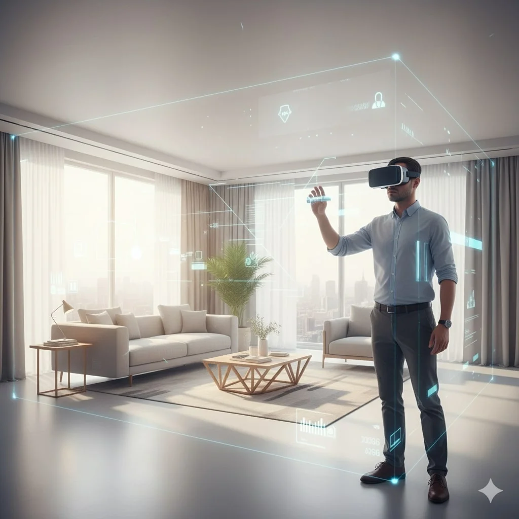Architect exploring a 3D-rendered interior design using virtual reality technology.