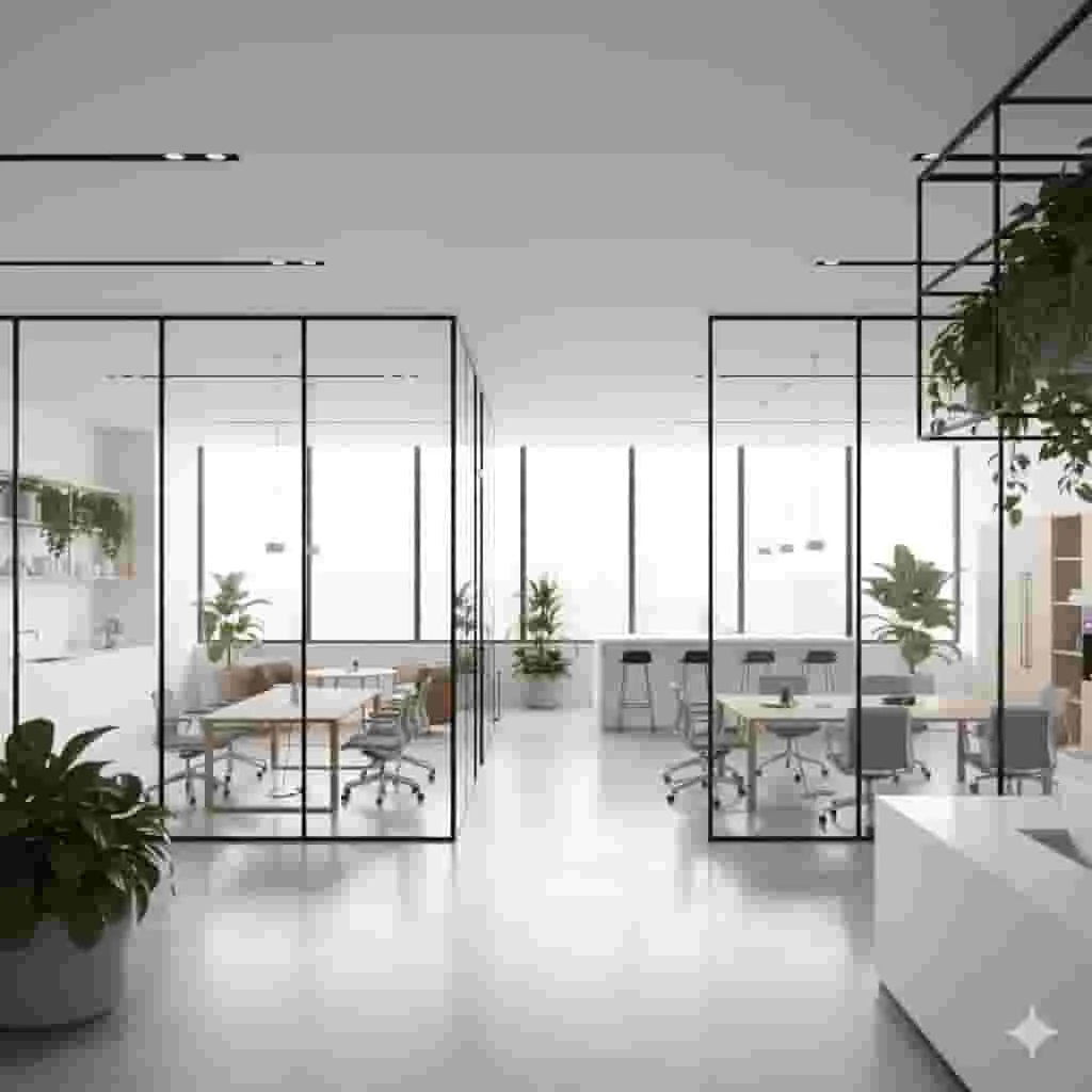 Commercial office space 3D rendering showing modern workspace design with glass partitions and collaborative areas