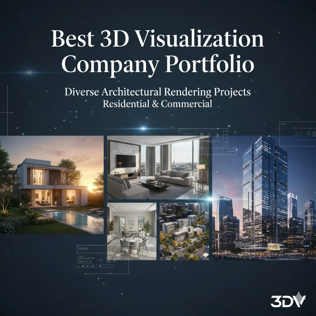 Best 3D Visualization Company Portfolio" title above a collage of diverse residential and commercial architectural renderings.