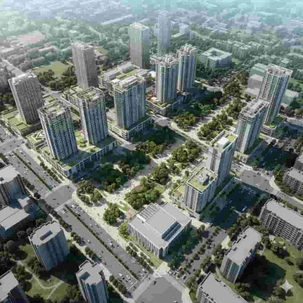 Detailed 3D architectural rendering of a mixed-use development combining residential, commercial, and public spaces