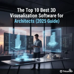Feature image for article Top 10 Best 3D Visualization Software for Architects 2025, showing a futuristic architectural office with holographic 3D models.