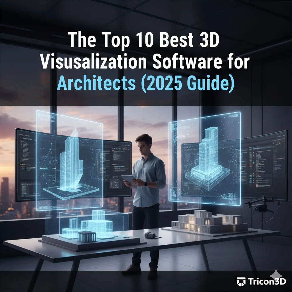 Feature image for article Top 10 Best 3D Visualization Software for Architects 2025, showing a futuristic architectural office with holographic 3D models.