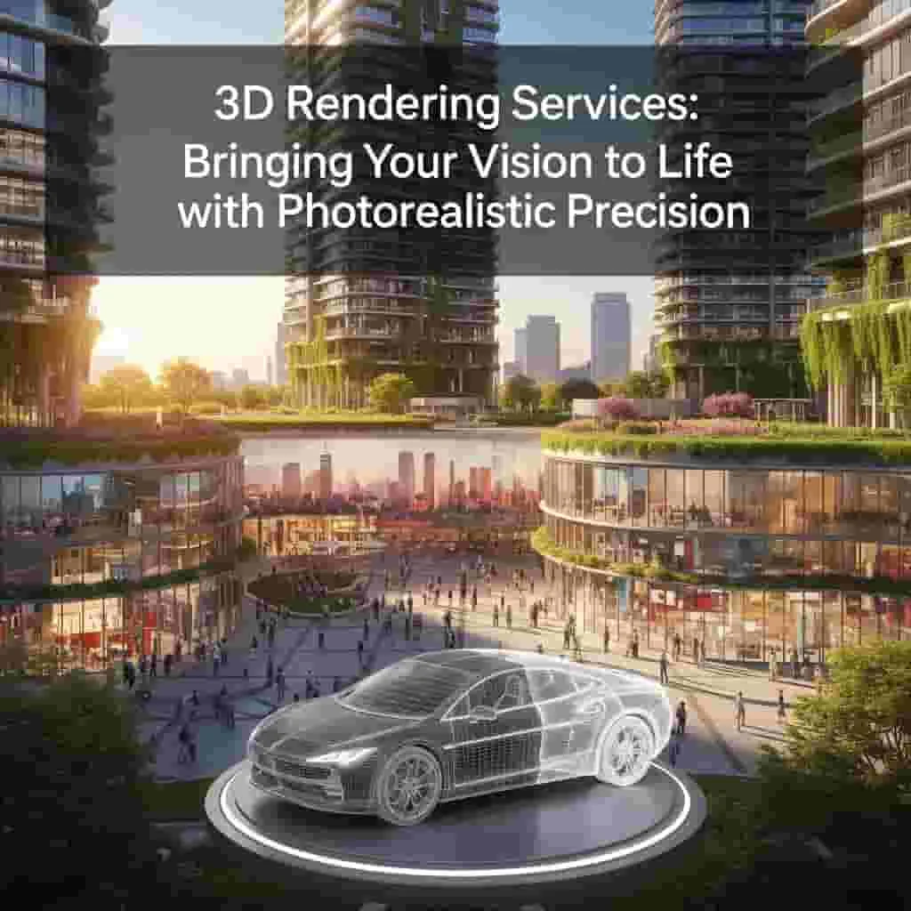 3D rendering of a futuristic urban development with glass buildings, greenery, and a transparent digital car model, representing photorealistic architectural visualization services.
