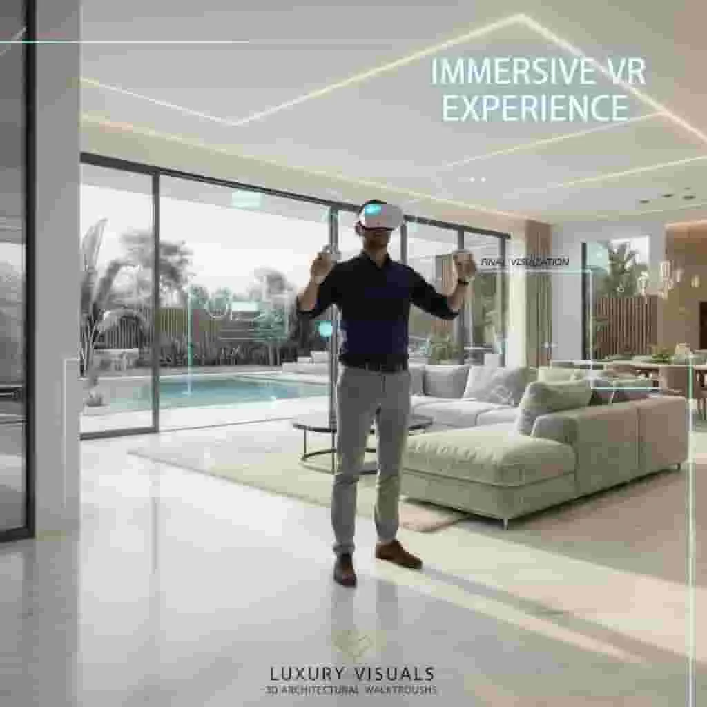 Architect using VR headset to experience an immersive architectural visualization