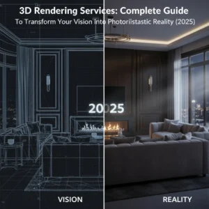 3D rendering services guide transforming wireframe vision to photorealistic reality, showing a luxury living room.